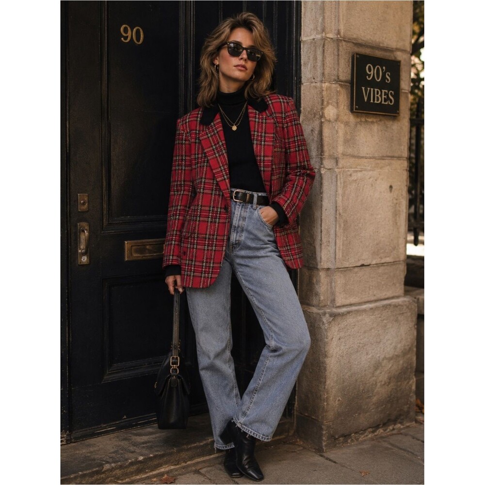Vintage Sag Harbor Red Tartan Plaid Black Velvet Collar Blazer Jacket Wool Sz 10